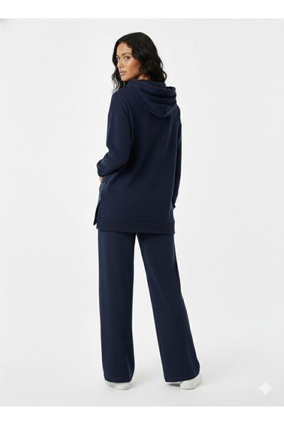 soft&basic Kadın Kapüşonlu Yanları Çıt Çıt Detaylı Sweatshirt ve Nervürlü Pantolon Lacivert Alt Üst Takım