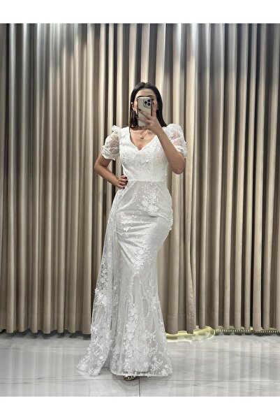 Kaleiçi Yıldızlar Beyaz Dantel Desen Yeni sezon Kısa Kol Abiye 5679