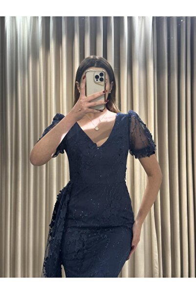 Kaleiçi Yıldızlar Lacivert Dantel Desen Yeni sezon Kısa Kol Abiye 5679