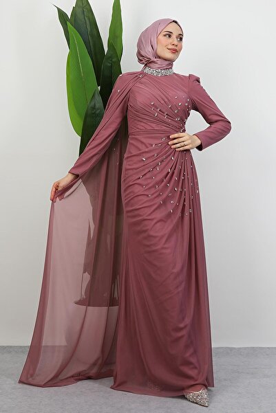 GİYZAMİLA Asrın Beaded Evening Dress Dusty Rose