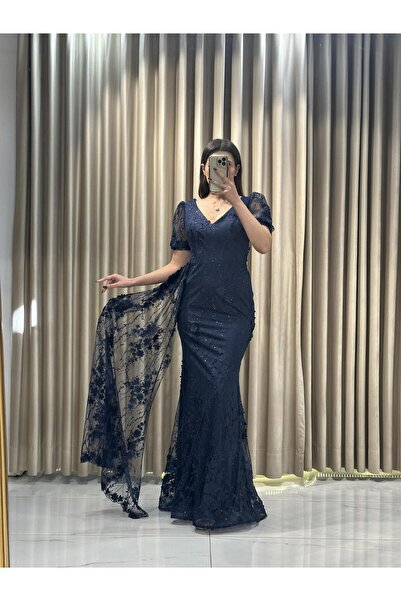 Kaleiçi Yıldızlar Lacivert Dantel Desen Yeni sezon Kısa Kol Abiye 5679