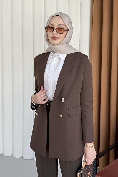 Modaensarbutik Şal Yaka Astarı Leopar Kruvaze Yaka Ceket-KAHVERENGİ