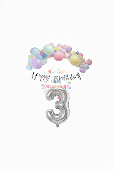 İSTOÇ PARTİ Happy Birthday Written Calligraphy Banner Macaron Balloon Set 3 Y...