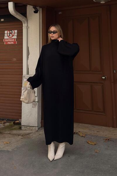 Swist Siyah Daly Yarım Balıkçı Oversize Kadın Triko Midi Elbise