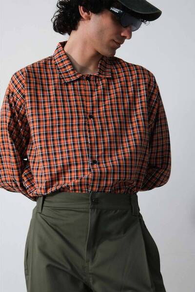 1887CLO Turuncu - Siyah Kareli Oversize Gömlek