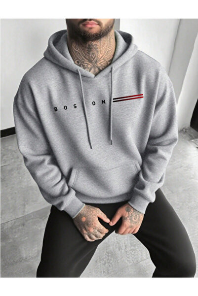 MOONBULL Чоловічий зимовий довгий рукавний світшот з капюшоном і принтом Boston