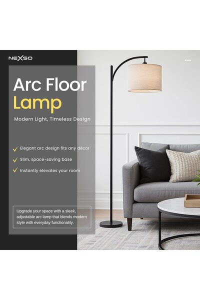 NEXSO مصباح أرضي كامل القوس - جهاز تحكم عن بعد، مفتاح قدم، 3 درجات حرارة ألوان، 9 وات E27، أسود غير لامع