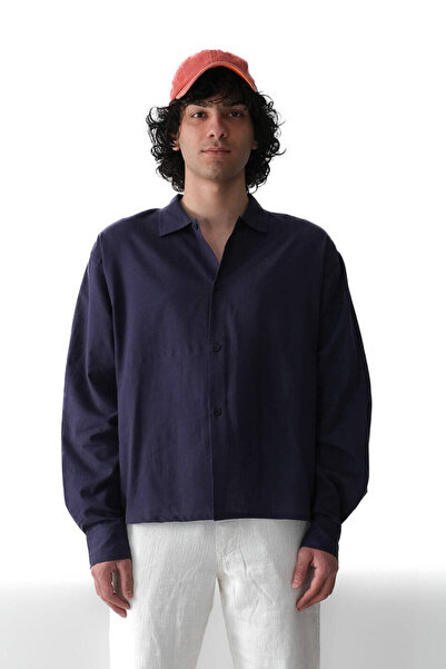 1887CLO Gece Mavisi Boxy Fit Crop %100 Pamuk İnce Gömlek