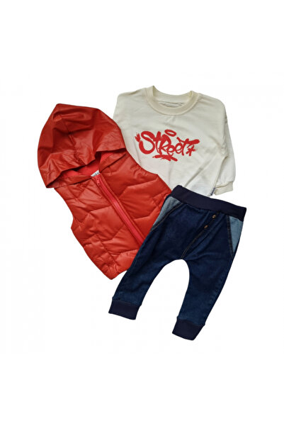 Miniworld Boys' 3-piece cotton set, padded vest with hood, age 9-12 months, 80 cm, Multicolor