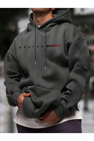 MOONBULL Чоловічий зимовий довгий рукавний світшот з капюшоном і принтом Boston