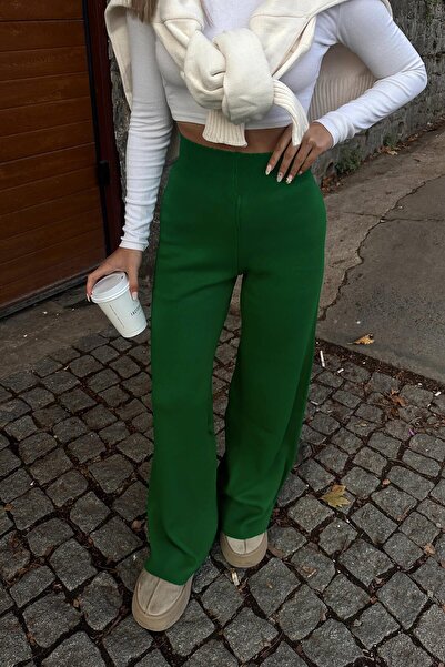 Swist Yeşil Yüksek Bel Beli Lastikli Kadın Triko Pantolon