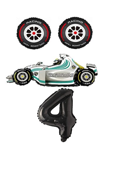 Generic Brand White Race Car Rubber and Black Number Foil Balloon Set Age 4