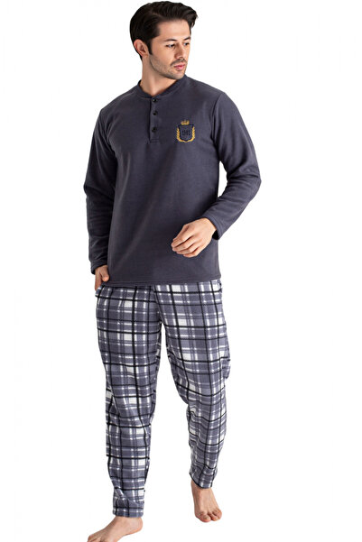 embody Men's cocolino pyjamas, soft and warm soft polar fleece, long plaid sleeves and trousers, grey 7210