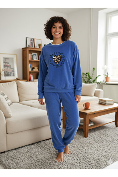 Defkay Kışlık polar kumaş uzun kollu kadın pijama takımı