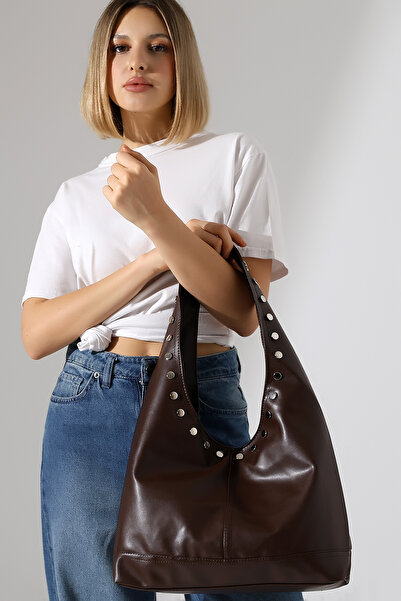 BALANZ Καφέ γυναικεία τσάντα με λεπτομέρεια με καρφιά, τσάντα ώμου και τσάντα...