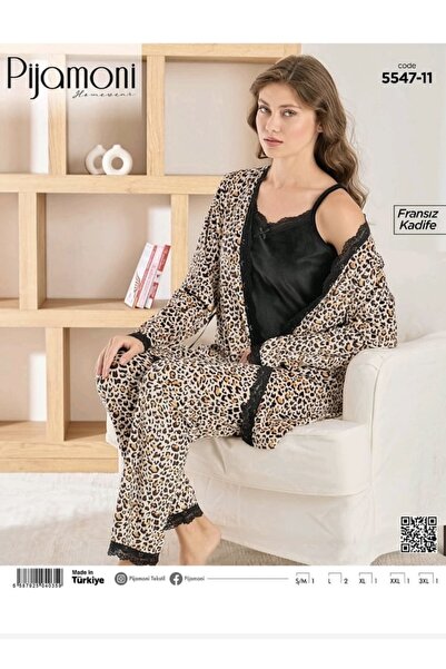 Pijamoni Fransız Kadife Leopar 3’lü Pijama Takımı