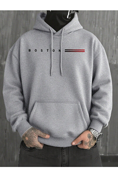 MOONBULL Чоловічий зимовий довгий рукавний світшот з капюшоном і принтом Boston