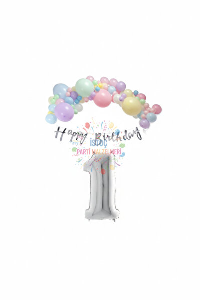 İSTOÇ PARTİ Happy Birthday Written Calligraphy Banner Macaron Balloon Set 1 Y...