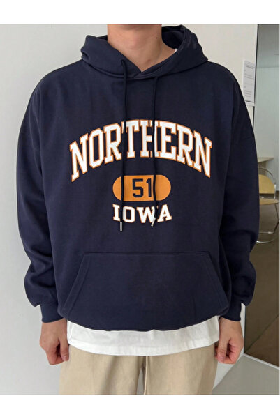 MOONBULL Unisex Navy Blue Northern Printed Hooded Sweatshirt