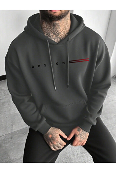 MOONBULL Чоловічий зимовий довгий рукавний світшот з капюшоном і принтом Boston