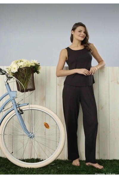 Pijamoni Dublin Kumaş Üçlü Sabahlıklı Siyah Pijama Takımı