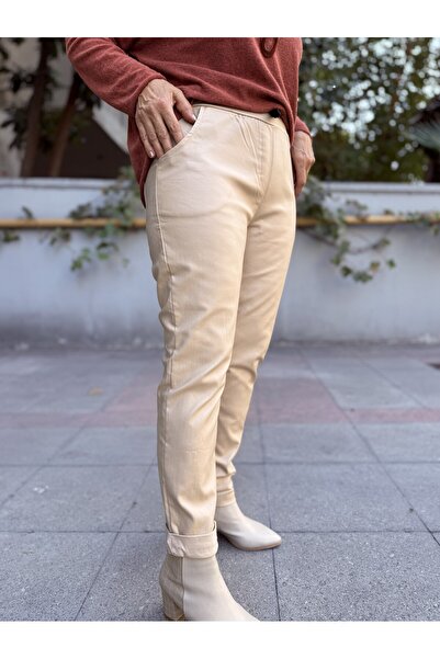 DenizEge Italian Faux Leather Trousers Beige