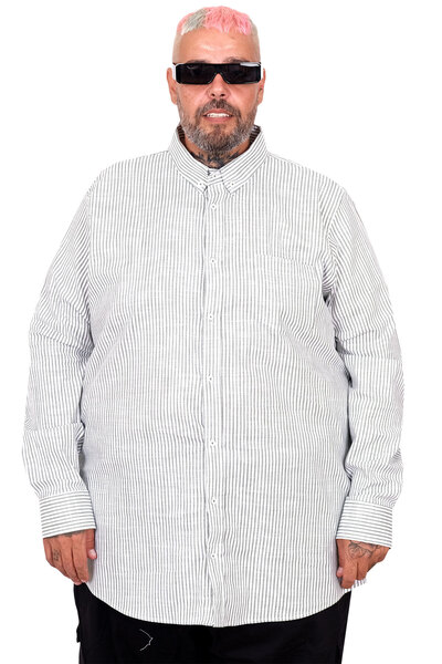 cusseli Plus Size Men's Shirt Long Sleeve Linen Pocket Khaki 20384