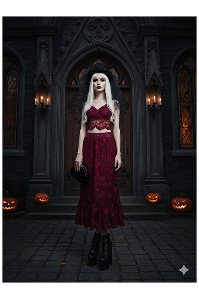 Namaste Vintage Burgundy Color Floral Lace Pattern Sheer Gothic Skirt