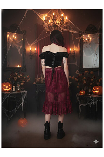Namaste Vintage Burgundy Color Floral Lace Pattern Sheer Gothic Skirt