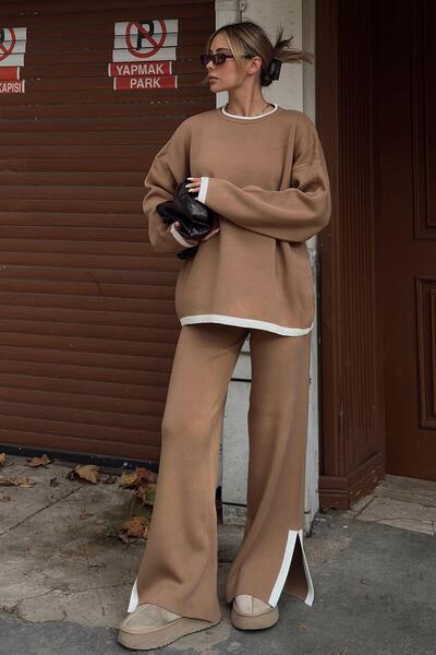 Swist Mink Uma Intersiye Striped Slit Oversize Sweater-Pants Women's Knitwear Top and Bottom Set