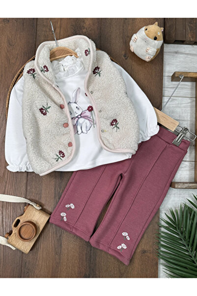 Bolly Baby Plush Vest with Floral Embroidery and Rabbit Print, 3-Thread Cotto...