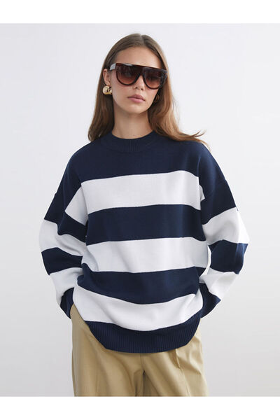 LC Waikiki Γυναικείο πλεκτό πουλόβερ LCW Modest Blue Crew Neck ριγέ oversized