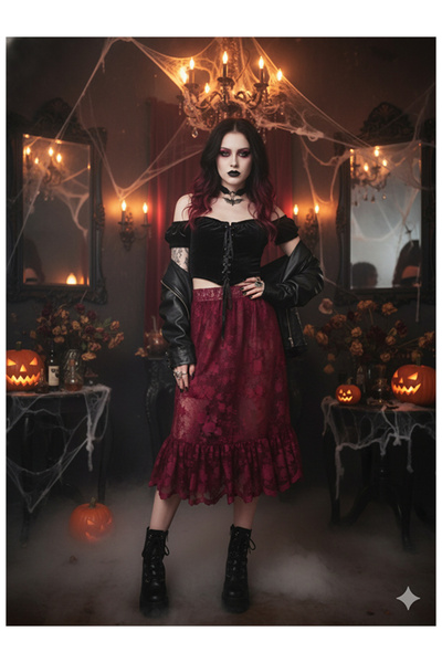 Namaste Vintage Burgundy Color Floral Lace Pattern Sheer Gothic Skirt