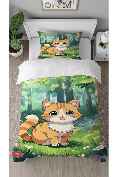 GREENDECOR Cute Cat Patterned Digital Printed Special Design Single Style Children's Duvet Cover Set Without Sheets