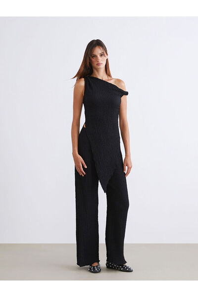 LC Waikiki Black Textured Women's Trousers with Elastic Waist