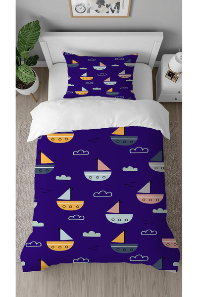 GREENDECOR Ship Sea Patterned Digital Printed Special Design Single Stylish Children's Duvet Cover Set Without Sheets