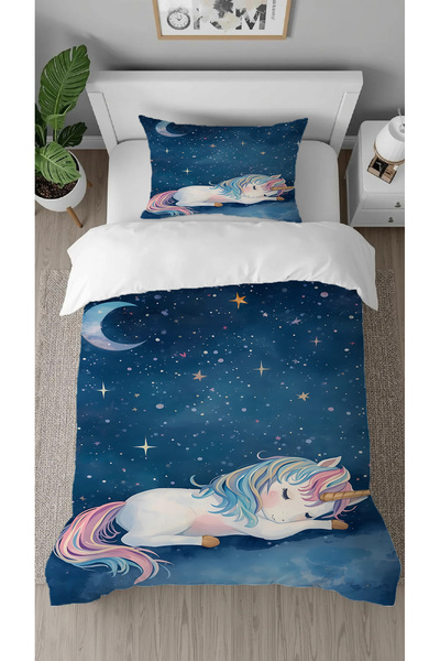 GREENDECOR Unicorn Stars Patterned Digital Printed Special Design Single Children's Duvet Cover Set Without Sheets