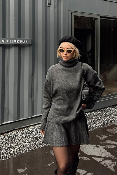 Swist Füme Raina Balıkçı Yaka Kazak-Pilise Etekli Kadın Triko Alt Üst Takım