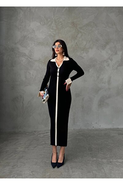 Füme Triko polo yaka intersiye elbise