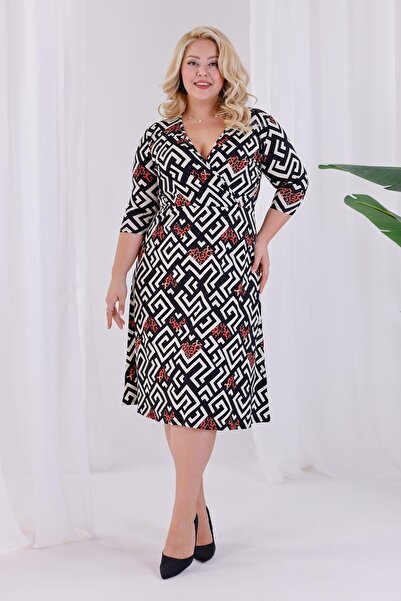 Madwilo Women's Black and White Geometric Pattern Double Breasted Collar Elastic Waist Plus Size Dress