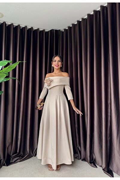 zoezoe Zoee Üçlü Tek Gül Tasarım Madonna Yaka Uzun Kol Elbise (düğün/davet/mezuniyet/söz elbisesi)