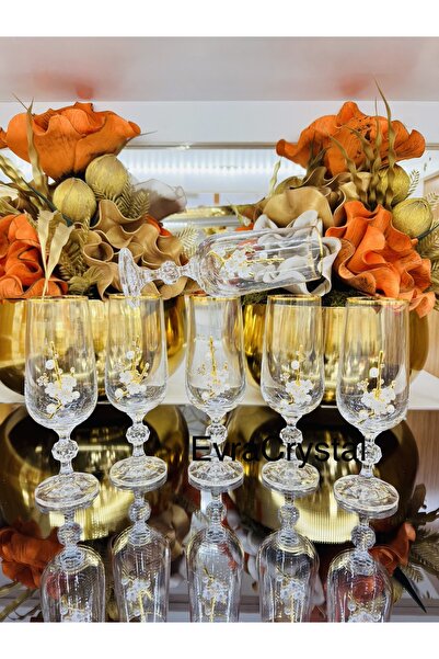 EVRA 6 Adet Altın Yaldızlı İnci Taşlı Kahve Yanı Su Bardağı 180cc