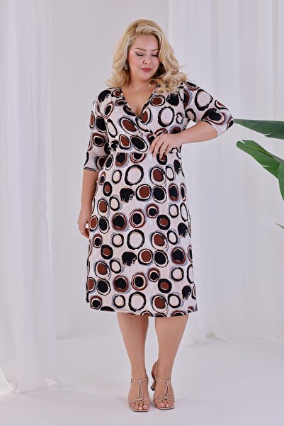 Madwilo Women's Beige Brown Polka Dot Pattern Double Breasted Collar Elastic Waist Plus Size Dress