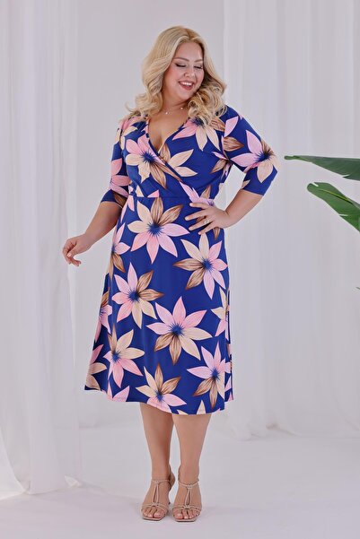 Madwilo Women's Navy Blue Lotus Pattern Double Breasted Collar Elastic Waist Plus Size Dress