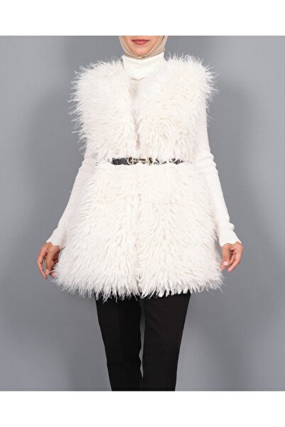Modamorfo Belted Side Pocket Fur Lined Vest -White