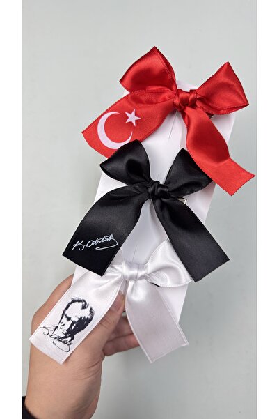 Toka Perisi Ataturk Signed and Turkish Flag Buckle Black Red White Satin Bow 6 cm Metal Clip Buckle