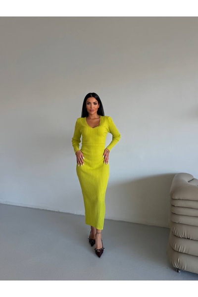 Füme Triko kuşaklı fitilli V yaka elbise
