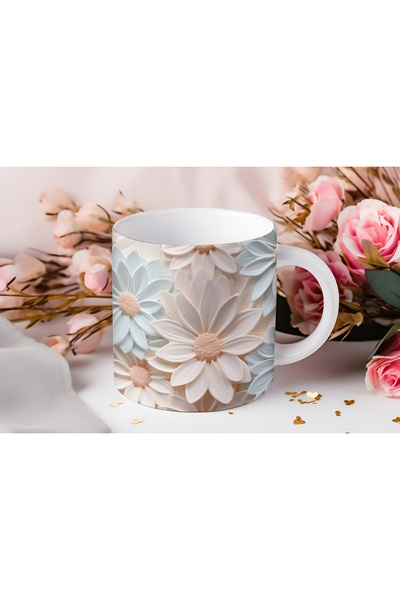 Beramussa كوب ديزي ثلاثي الأبعاد - تصميم زهور طبيعية باللونين الأزرق والكريمي - بدون نقش بارز