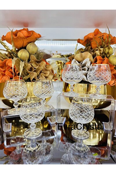 EVRA 6 Adet Bohemia Safran El Kesmesi Altın Yaldızlı Kahve Yanı Su Bardağı 250cc