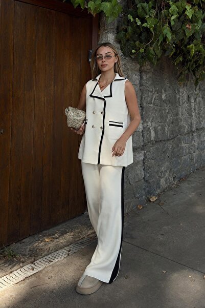 Swist Bej Kruvaze Şerit Detaylı Yelek-Pantolon Kadın Triko Alt Üst Takım